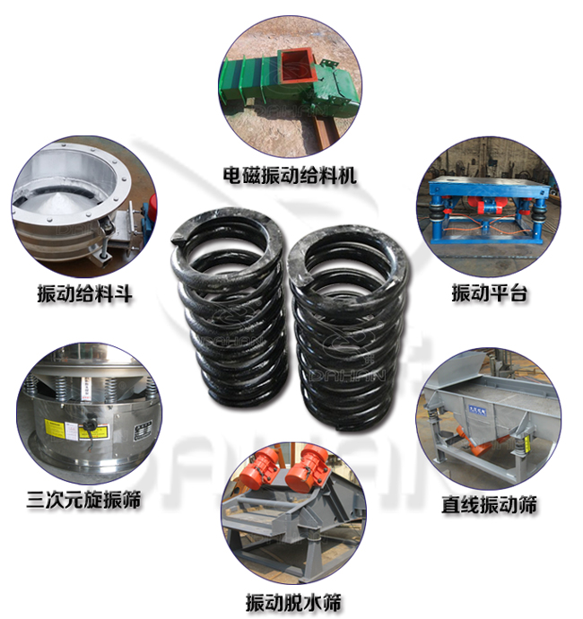 旋振篩減震彈簧適用產(chǎn)品：振動(dòng)給料機(jī)，電磁振動(dòng)給料機(jī)，振動(dòng)平臺(tái)，直線振動(dòng)篩，振動(dòng)脫水篩，三次元旋振篩。