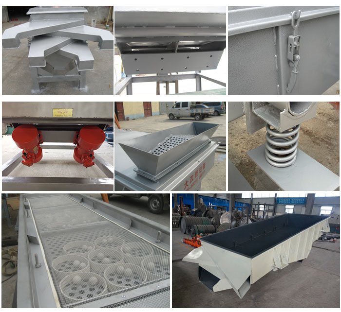 多層直線振動(dòng)篩由進(jìn)料口,底座,振動(dòng)電機(jī),篩網(wǎng),篩框,彈簧,出料口等組成。