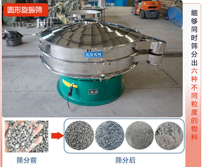 圓形旋振篩能夠同時篩出6種不同顆粒的物料。