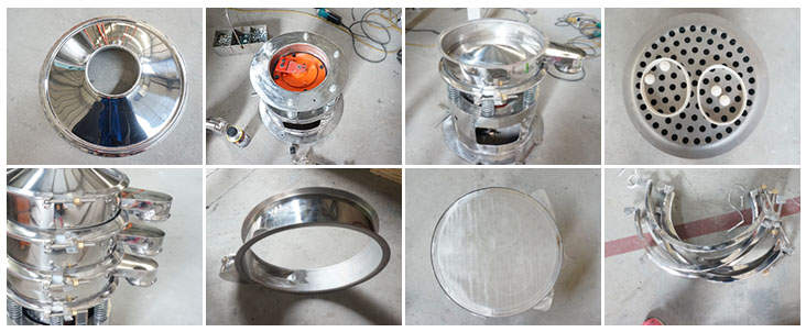 不銹鋼振動(dòng)篩結(jié)構(gòu)展示：防塵蓋，出料口，閘門(mén)，篩網(wǎng)于彈跳球，底座，振動(dòng)彈簧等。