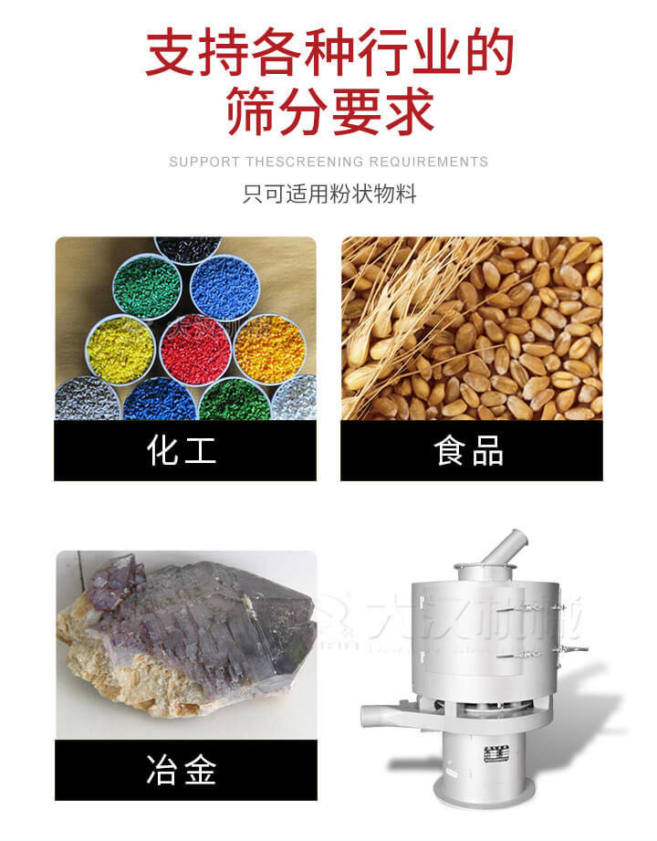 氣流篩用于礦粉，石墨粉，活性納米碳酸鈣，鋁灰，大豆粉，碳酸重鈣，石墨粉，木粉，干草，重金石粉，藥粉末，橡膠顆粒，草酸鹽，干料粉，木粉，聚酯粉，干粉，塑料，金屬粉末，橡膠粉，粉煤灰，石墨粉，陶瓷粉，鋅粉，石英粉，石灰粉，鐵粉，金屬硅粉等。