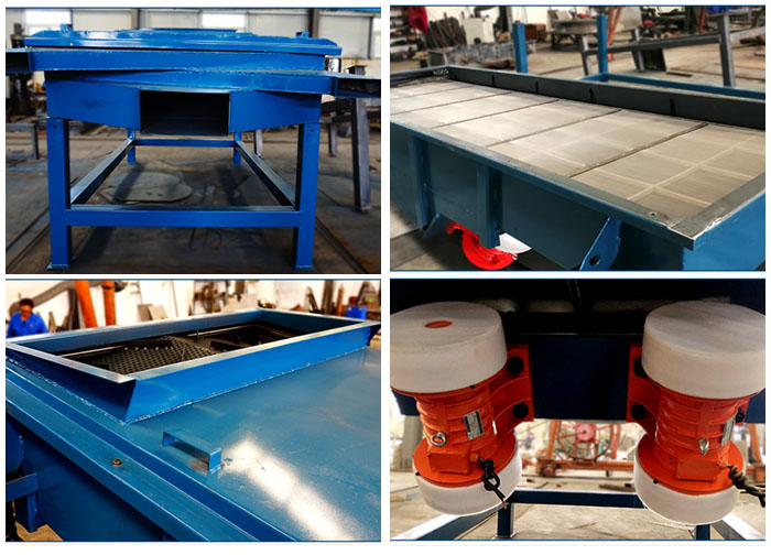 方形振動篩出料口，篩網(wǎng)和網(wǎng)架，進料口，振動電機等細節(jié)展示。