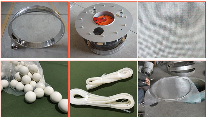 800型全不銹鋼振動篩配件有：振動篩篩框，電機(jī)，不銹鋼篩網(wǎng)等。
