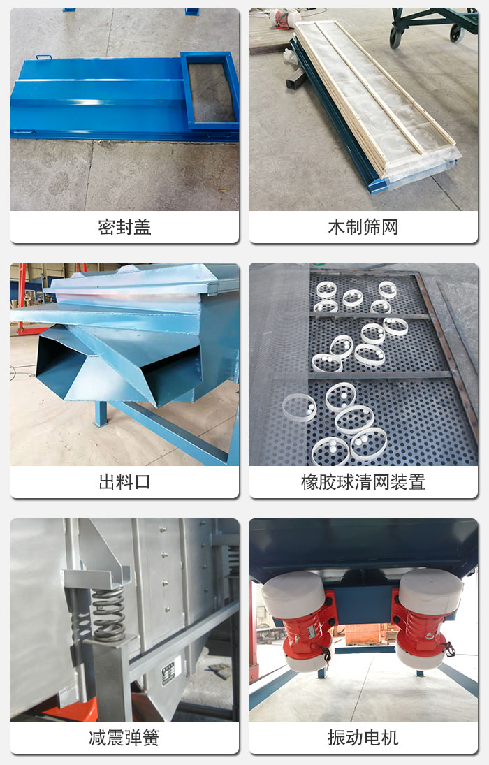 直線篩結構展示：篩網(wǎng)，篩箱，振動電機，振動電機座，減震彈簧，支架等部件展示圖