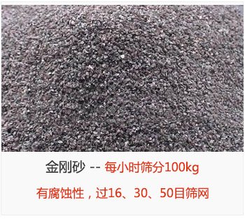 篩分金剛砂每小時100kg，有腐蝕性，過16、30、50目篩網(wǎng)