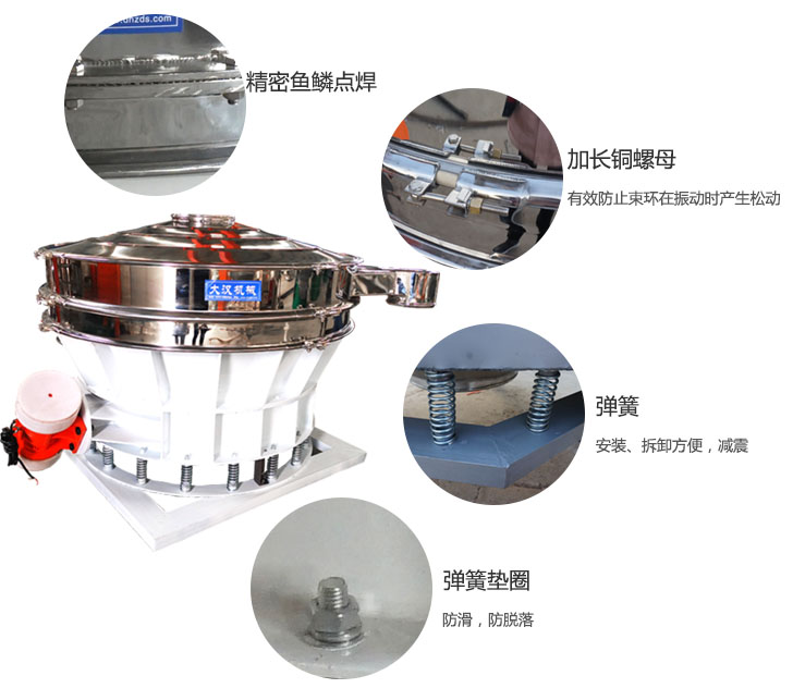 1500直排篩細節(jié)展示：彈簧，彈簧墊圈，加長銅螺母。