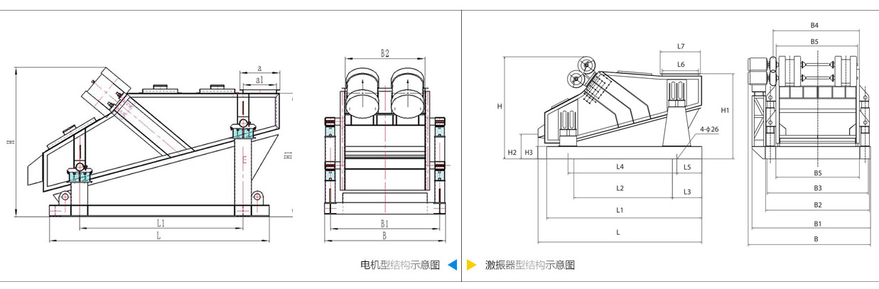 礦用振動篩電機振動式和激振器振動式的內部結構尺寸圖。