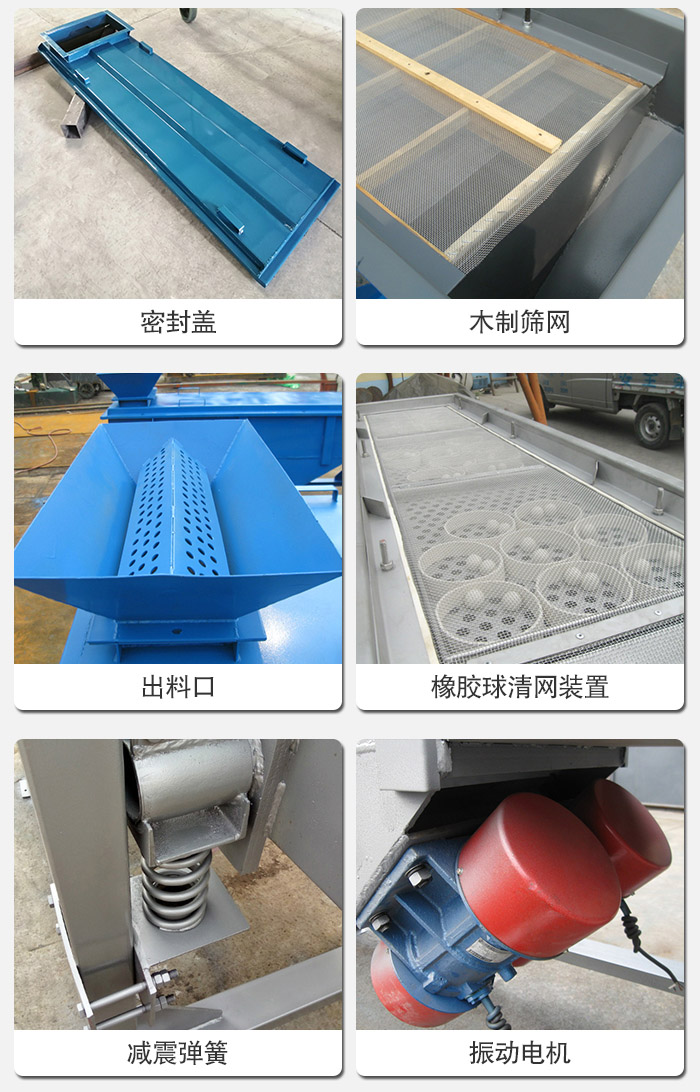 直線篩分機的結(jié)構(gòu)展示圖：篩箱是物料主要篩分設(shè)備之一，篩網(wǎng)用于篩分物料，振動電機幫助篩網(wǎng)篩分。