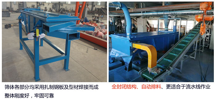 直線篩分機篩體各部分均采用扎制鋼板及型材焊接而成整體剛度好，牢固可靠；全封閉結(jié)構(gòu)、自動排料、更適合于流水線作業(yè)。