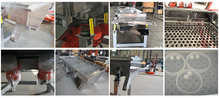 不銹鋼直線篩不同定制出料口，電機(jī)，篩網(wǎng)，篩箱，彈跳球等部件細(xì)節(jié)展示