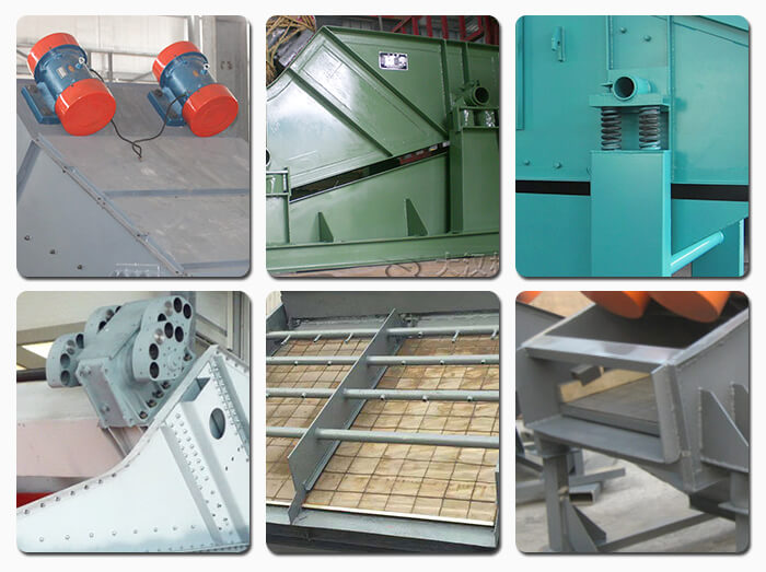 礦用振動篩主要由激振器、篩體、篩網(wǎng)、減振裝置及座架等組成。篩箱由篩框、篩板、襯板等組成