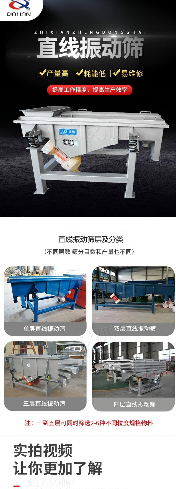 直線振動(dòng)篩概述，產(chǎn)量高，耗能低，易維修，提高工作精度，提高生產(chǎn)效率，直線振動(dòng)篩層級(jí)分類：不同層數(shù)，篩分目數(shù)和產(chǎn)量也不同：單層，雙層，三層，四層等。
