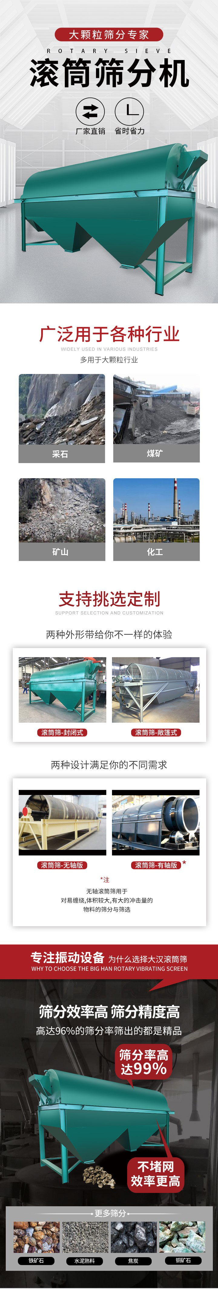 滾筒篩分機(jī)大顆粒篩分專家：廠家直銷，省時(shí)省力。滾筒篩被廣泛應(yīng)用各種行業(yè)：多用于大顆粒行業(yè)例如：采石，煤礦，礦山，化工等。滾筒篩定制類型有哪些：封閉式與敞篷式產(chǎn)品結(jié)構(gòu)分為：無(wú)軸式，有軸式兩種，無(wú)軸滾筒篩用于對(duì)纏繞，體積較大，有大的沖擊量的物料的篩分與篩選。滾筒篩篩分效率高篩分精度能夠達(dá)到：96%也比較適用于鐵礦石，水泥熟料，焦炭，銅礦石。滾筒篩特點(diǎn)：不飛粉末：密封隔離罩，密封性好，工作過(guò)程不會(huì)出現(xiàn)飛粉現(xiàn)象。外型尺寸是按筒體長(zhǎng)計(jì)