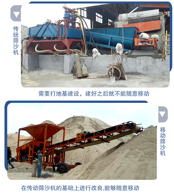 移動的篩沙機在安裝前需要打地基，而固定完畢后就不能隨意的移動，而移動篩沙機不需要打地并且隨時能夠進行移動。