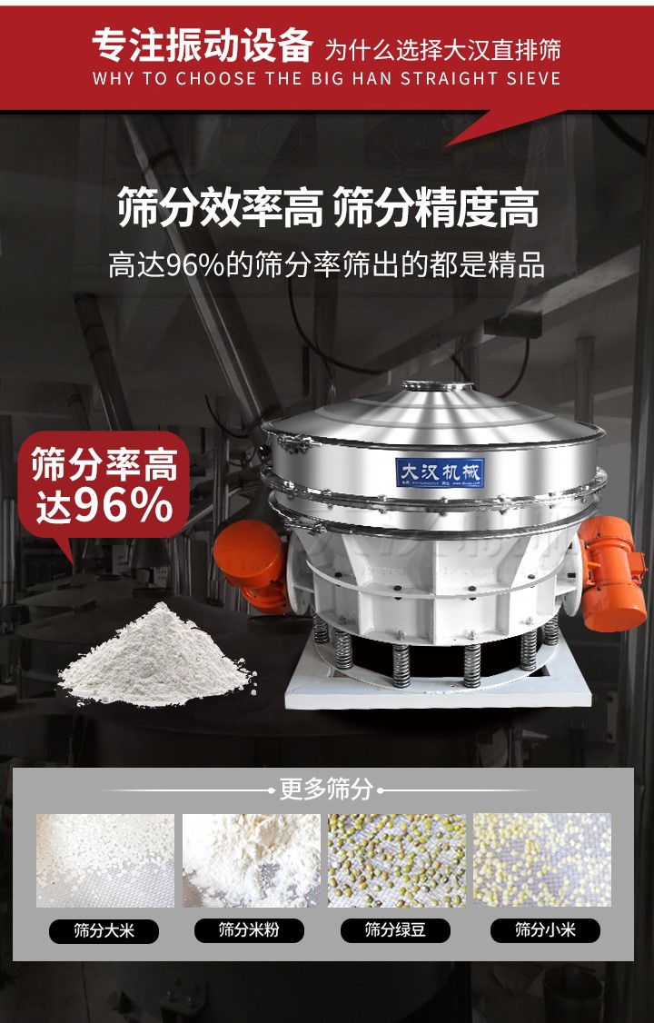 直排篩適用物料有面粉，淀粉，洗衣粉，金屬粉，添加劑，化工，非礦等行業(yè)。