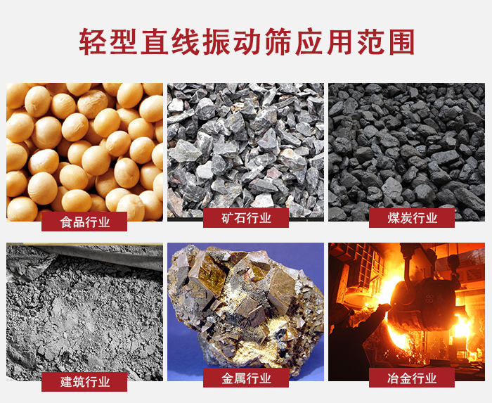 輕型直線振動篩應(yīng)用范圍較廣多使用與顆粒狀，粉狀以及其它重型行業(yè)的輸送。