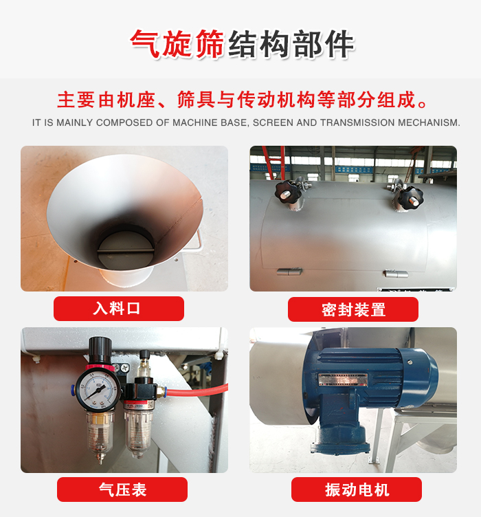 氣旋篩結(jié)構(gòu)：入料口，密封裝置，電機，氣壓表等