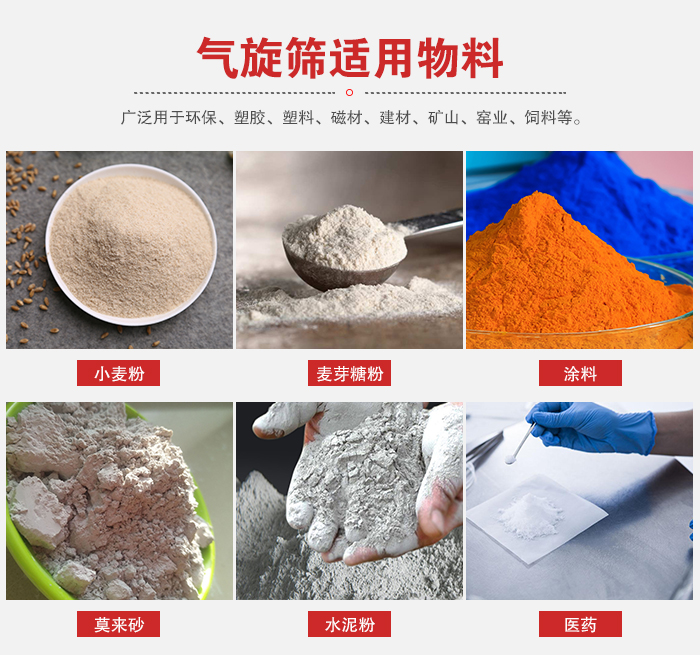 氣旋篩適用物料：小麥粉，麥芽糖粉，涂料，等粉狀物料。