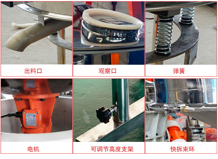高頻篩細(xì)節(jié)展示：出料口，觀察口，彈簧，電機(jī)，可調(diào)節(jié)高度支架，快拆束環(huán)。