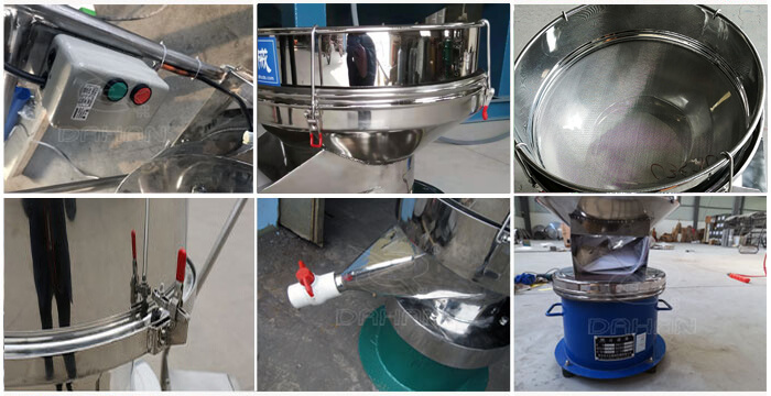 過濾篩細(xì)節(jié)展示：控制開關(guān)，篩框，出料口閥門，底座等